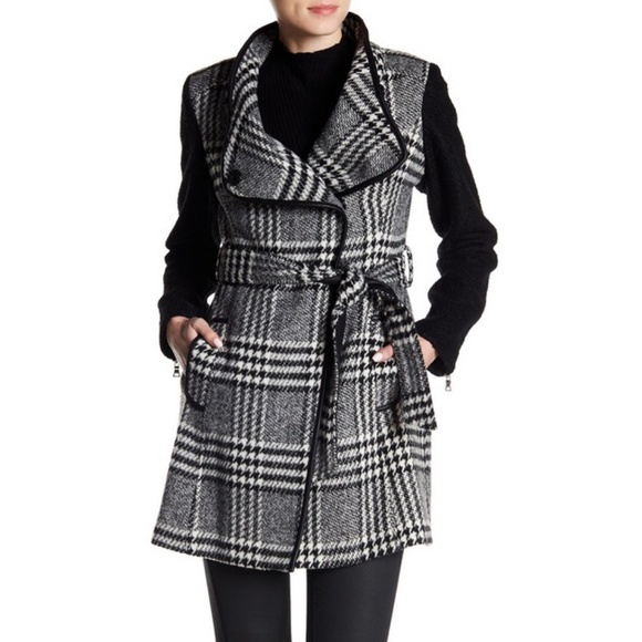 Guess Jackets & Blazers - Guess Belted Wool Plaid ContrastSleeve Trench Coat